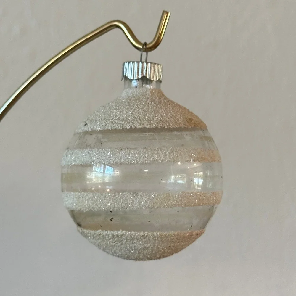 Vtg Shiny Brite Glass Unsilvered Christmas Ornament White Mica Stripe USA Made